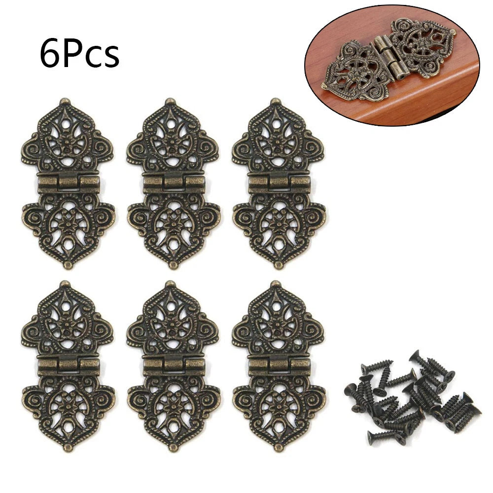 Set of 6 Antique Bronze Hollow Flower Hinges for Wooden Box Door Cabinet