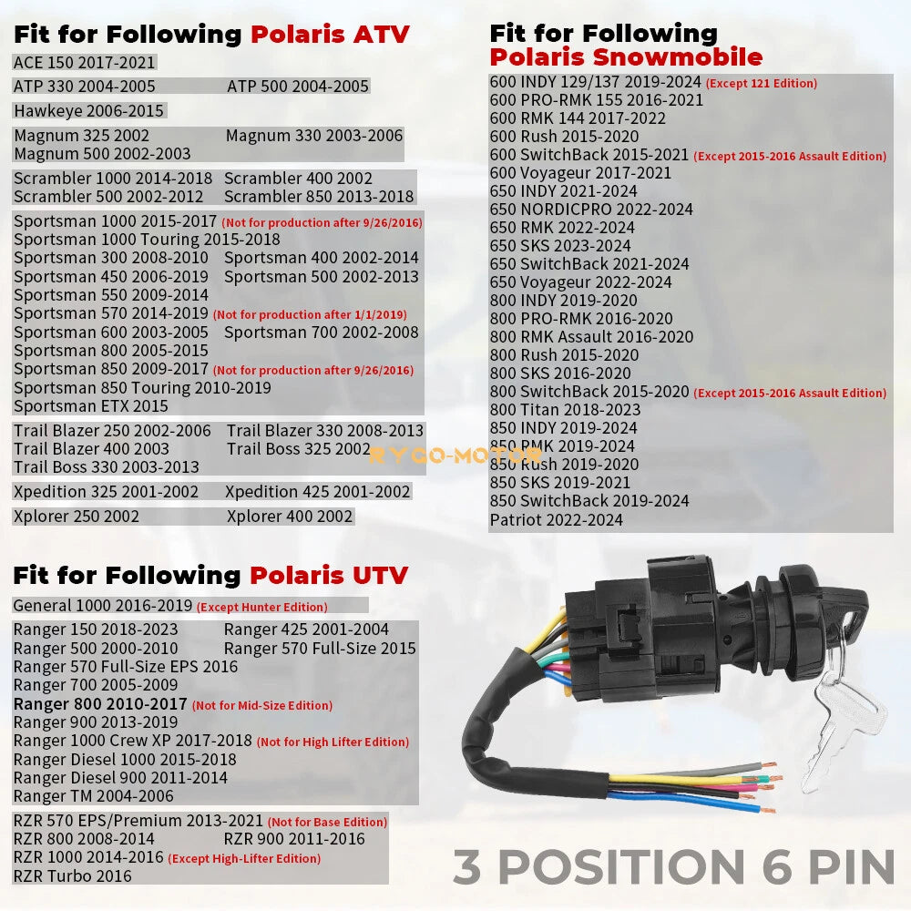 6Pin Ignition Key Switch Harness for Polaris Sportsman 300 400 450 500 550 570 (2000–2023)