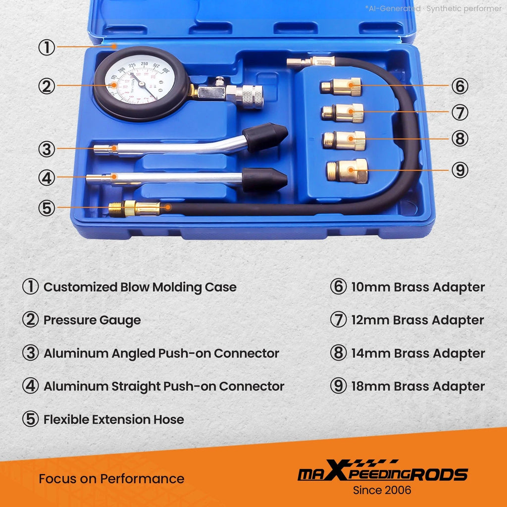 Engine Cylinder Compression Pressure Tester Gauge Tool Kit for All Models (0-300 PSI)