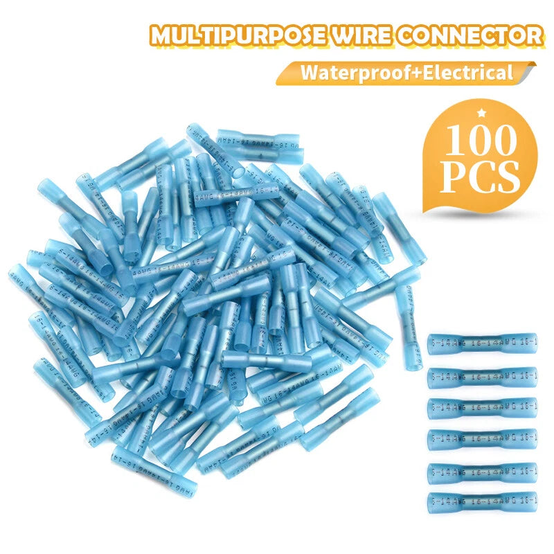 100X Heat Shrink Butt Connectors for Crimp Terminal 16-14 AWG