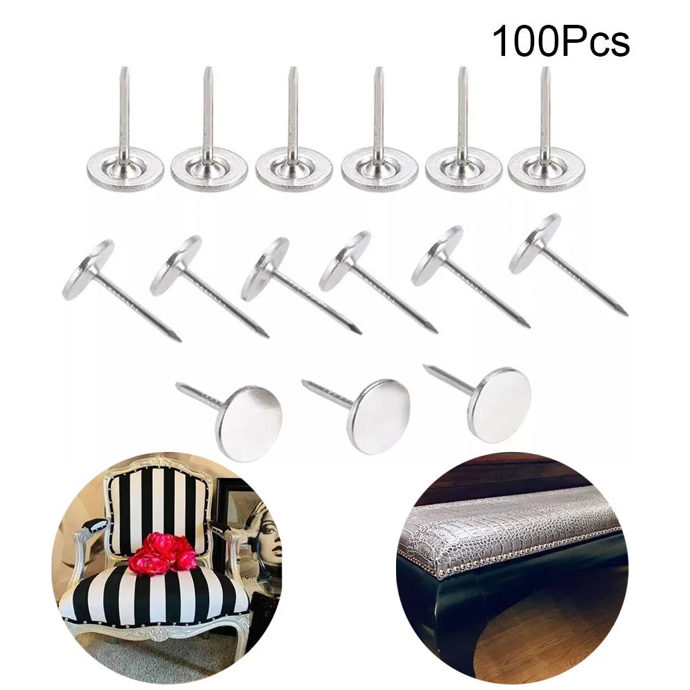 100pc Silver Flat Head Upholstery Nails Wooden Box Case Push Pins Studs Hardware