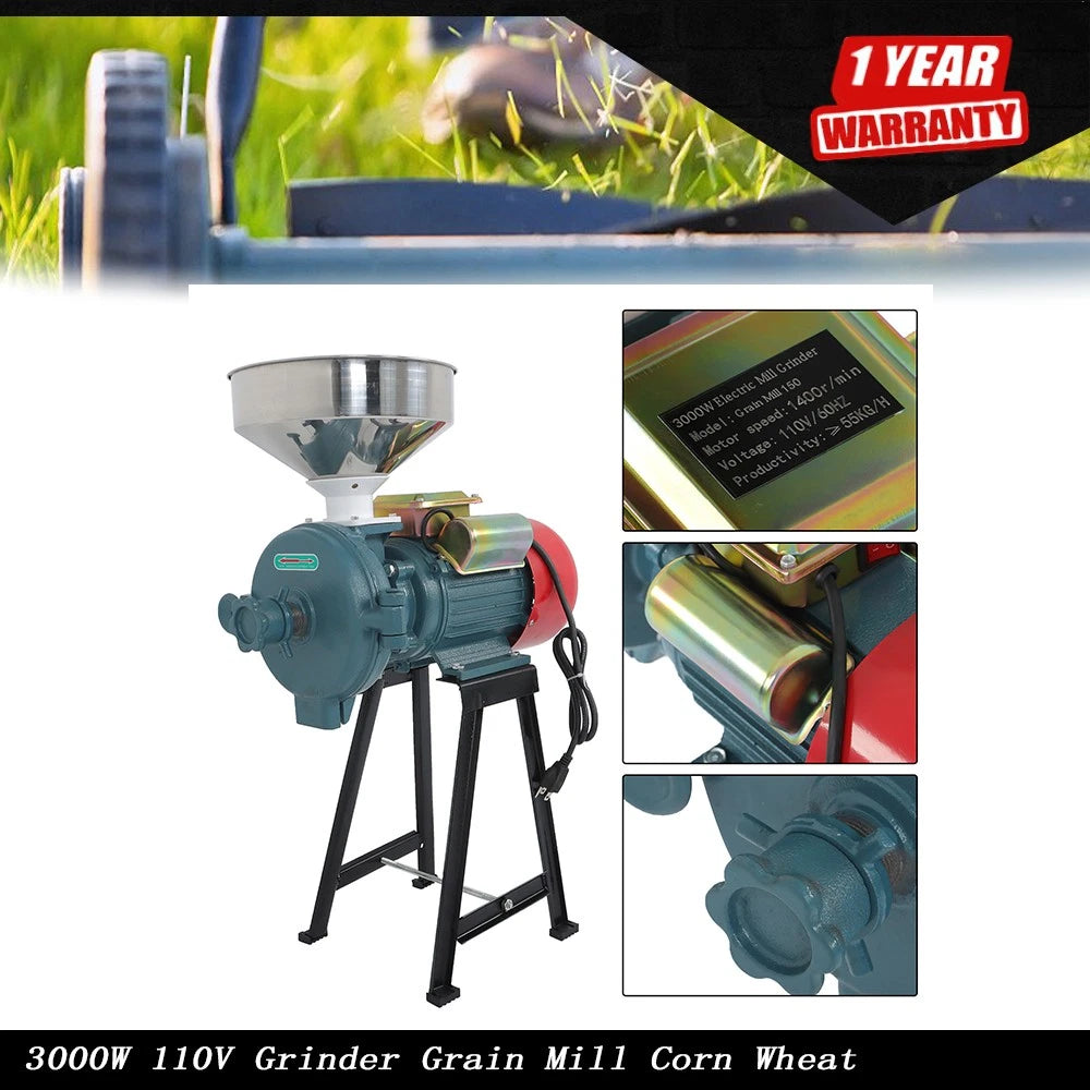 Electric Grain Mill Grinder 3000W for Corn Wheat Cereal (110V)