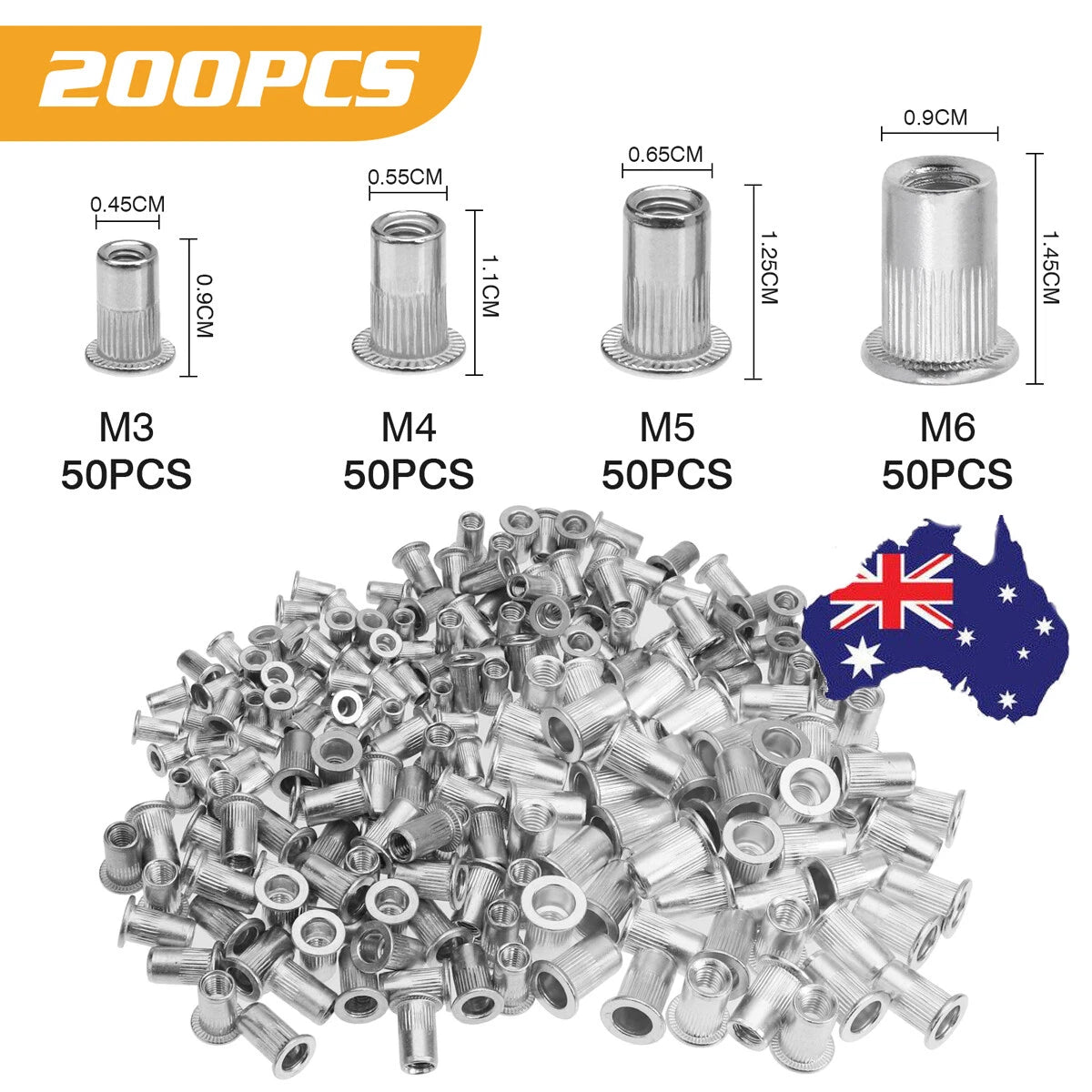200Pcs Rivet Nut Kit for M3-M6 Threaded Inserts (Open End)
