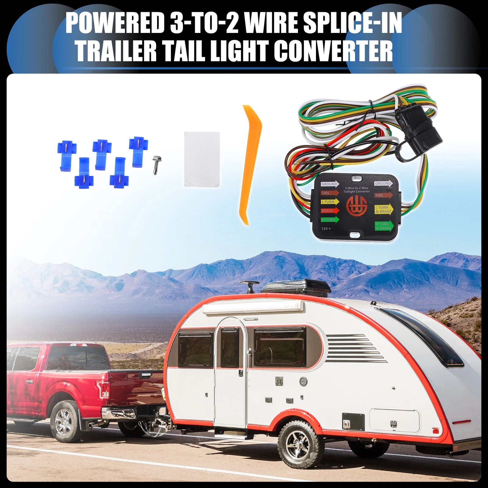 Trailer Tail Light Converter 3-to-2 Wire Splice-in for Universal Car Use (—)