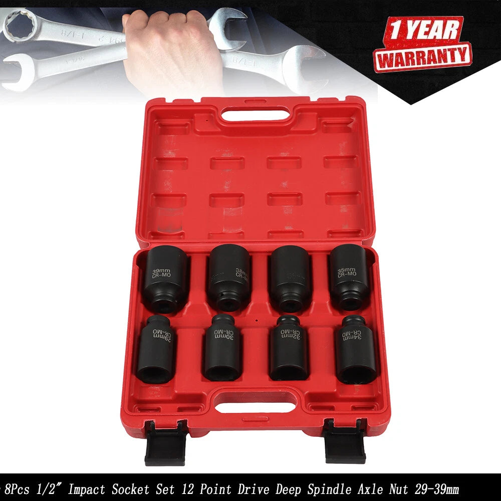 8Pcs 1/2" Deep Impact Socket Set 12 Point for Spindle Axle Nut 29-39mm