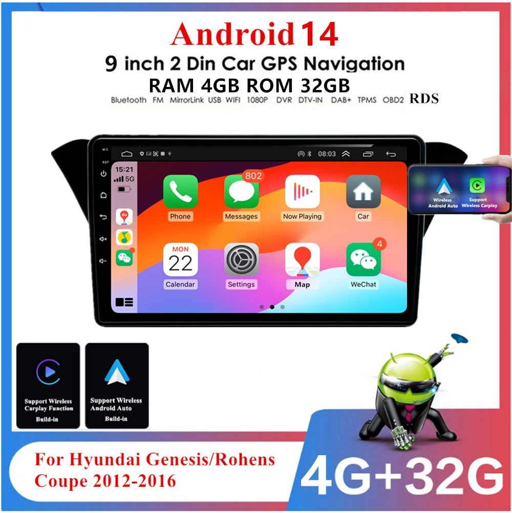 9'' Android Stereo Radio GPS Navi for Hyundai Genesis/Rohens Coupe (2012–2016)