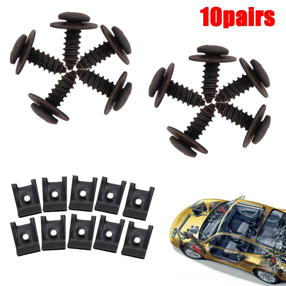 Set of 10 Spring Metal U-Type Clips with Screws for Car Bumper Trim Panel