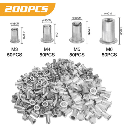 200Pcs Rivet Nut Kit for M3-M6 Threaded Inserts (Open End)