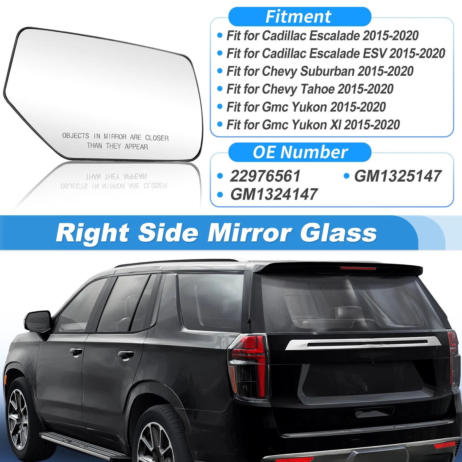 Heated Mirror Glass Right Side Replacement for Chevy Suburban Tahoe (2015–2020)