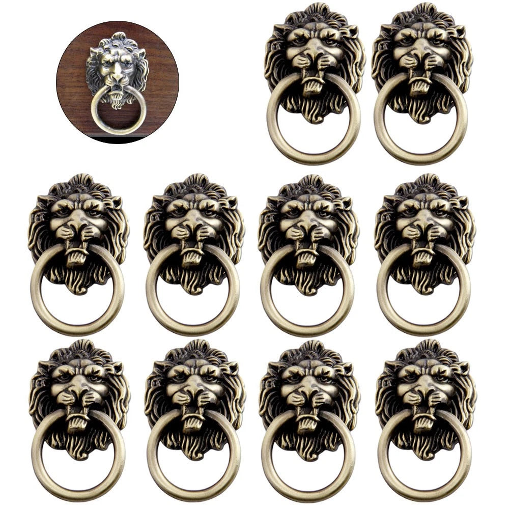 10Pcs Vintage Lion Head Pull Handle Ring Knob For Door Cabinet Drawer Furniture