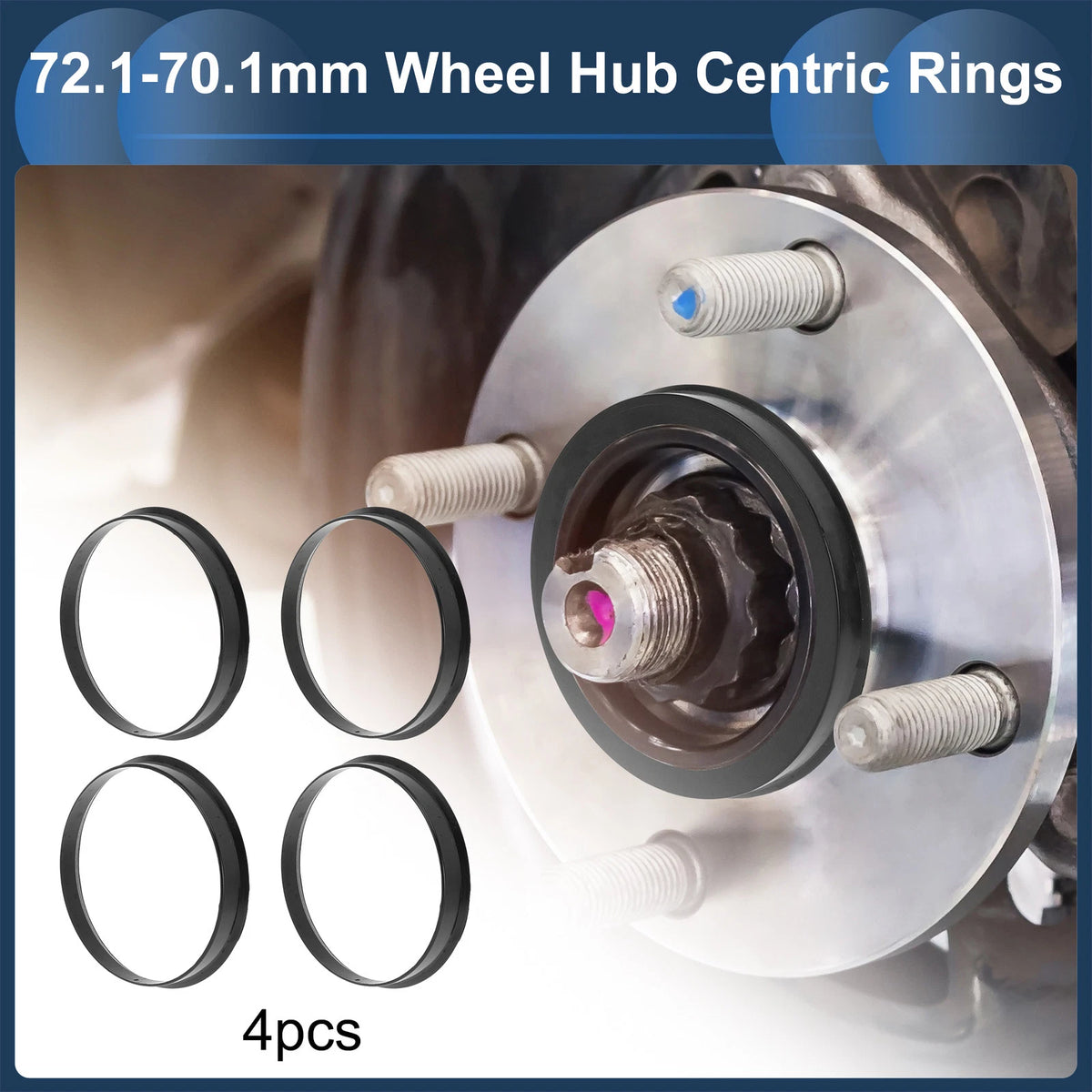 Set of 4 Wheel Hub Centric Rings 72.1mm to 70.1mm Black Polycarbonate