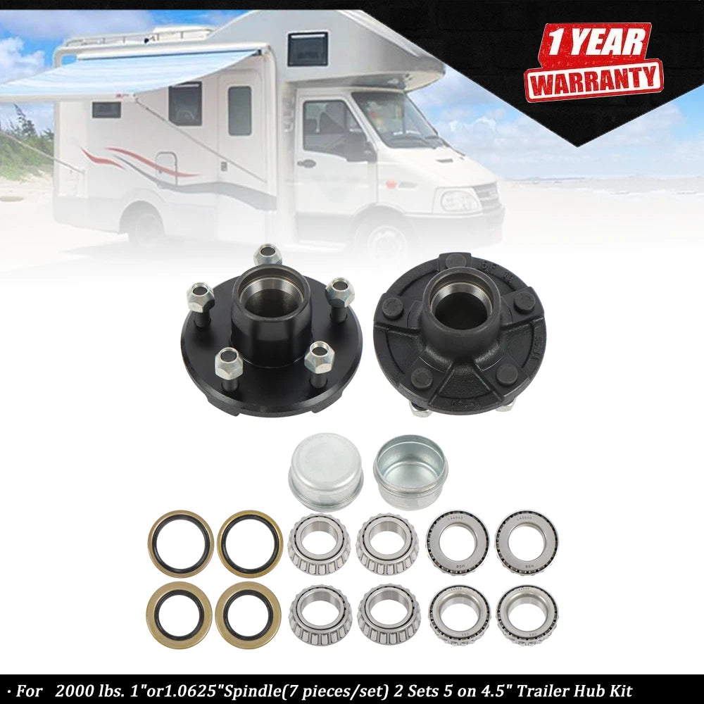 2 Sets Trailer Hub Kit for 2000 lbs Spindle (5 on 4.5") (1" or 1.0625")