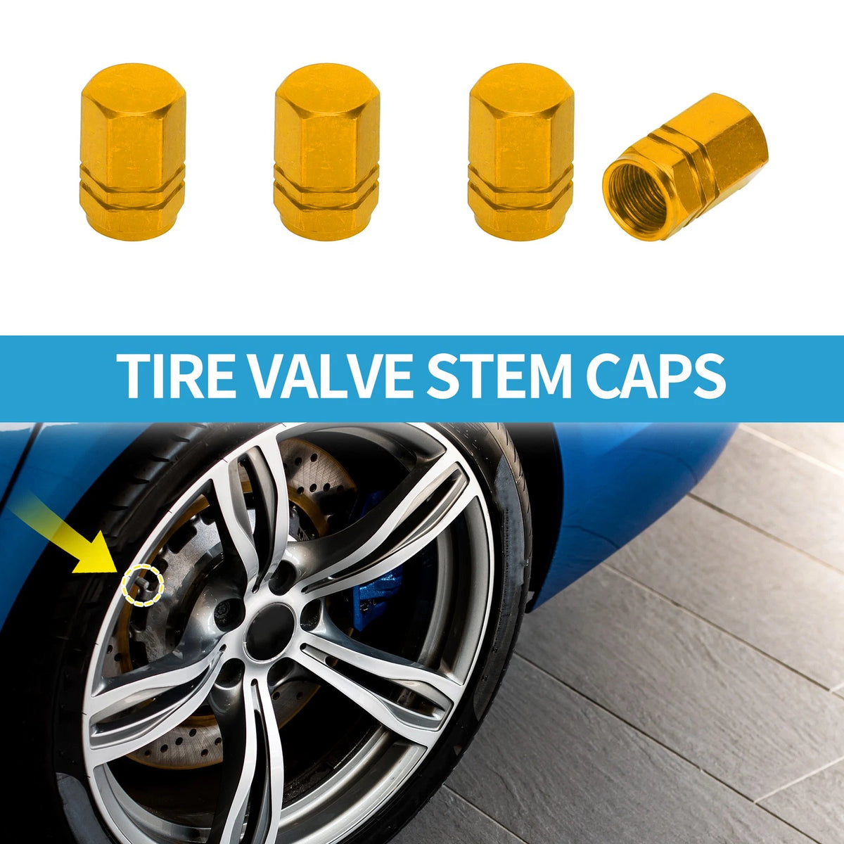 Tire Valve Stem Caps 10x16MM Replacement Gold Tone for Car SUV Bike (4pcs)