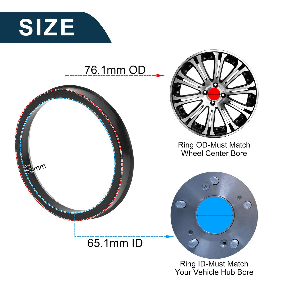 2X Wheel Hub Centric Rings for Car (OD 76.1mm ID 65.1mm) Black Polycarbonate