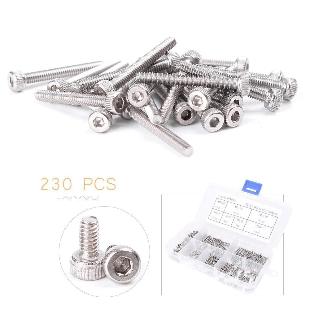 Assorted 230Pcs M2 Stainless Steel Hex Socket Button Head Screw Bolt Nuts