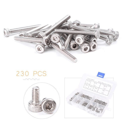 Assorted 230Pcs M2 Stainless Steel Hex Socket Button Head Screw Bolt Nuts