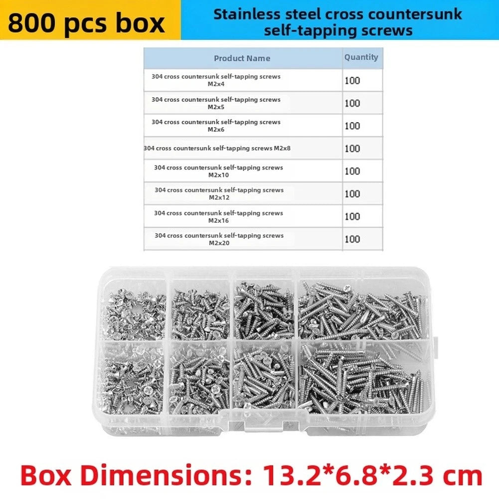 800 Pcs M2 Cross Recessed Flat Head Self Tapping Screws