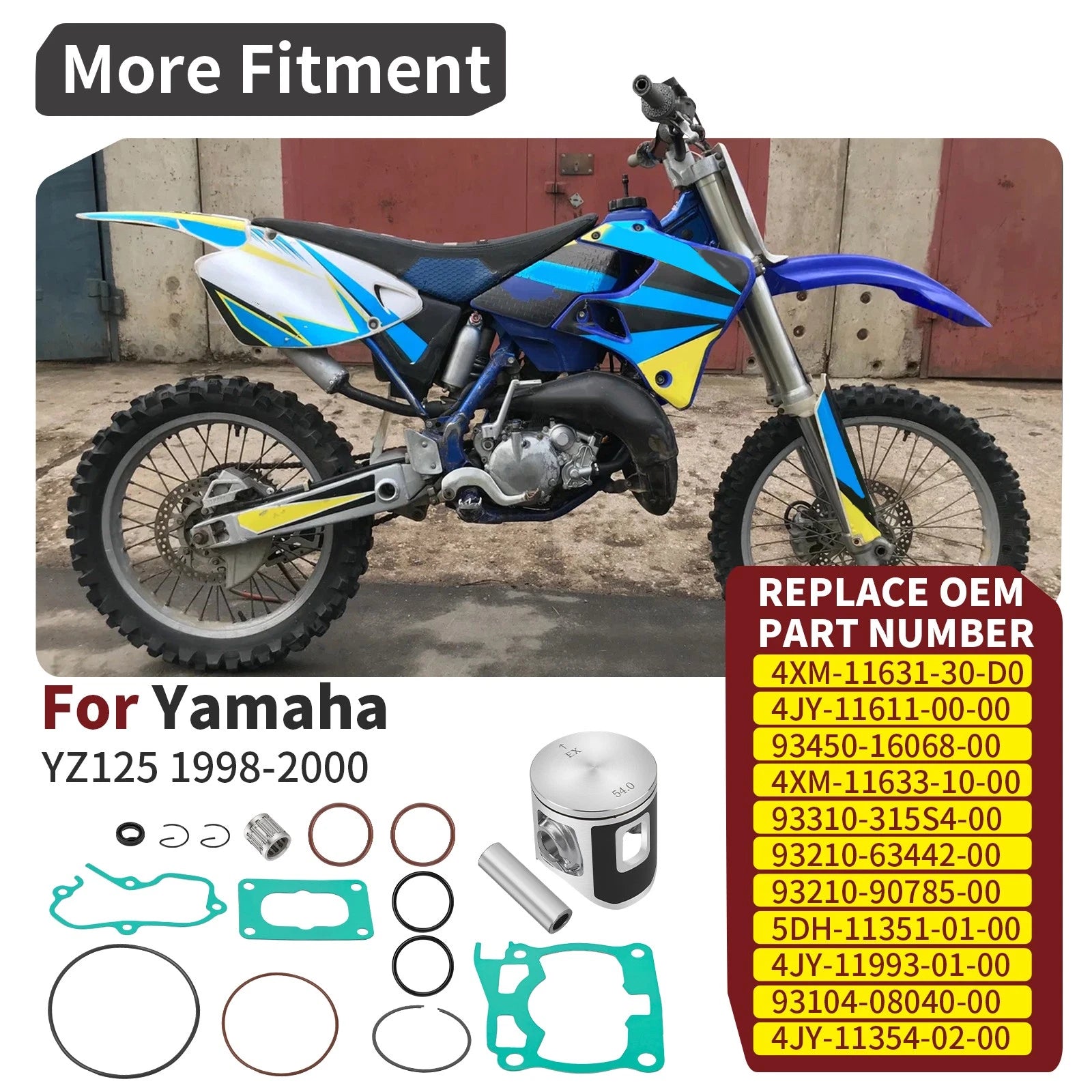Piston Rings Kit for Yamaha YZ125 (1998–2000) - 54mm, Bearing, Gasket