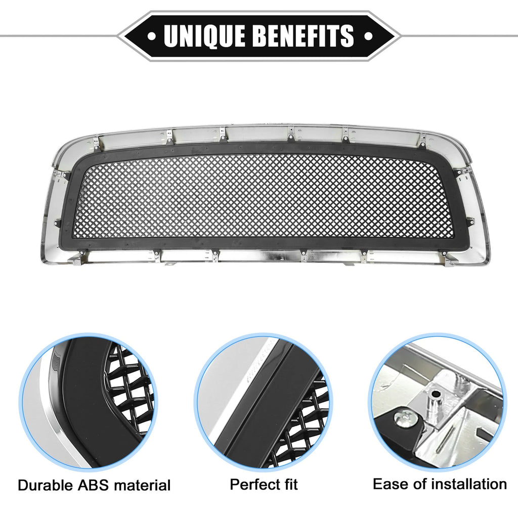 Front Grille Assembly Replacement for Dodge Ram 1500 Chrome Gloss Black (2013–2018)