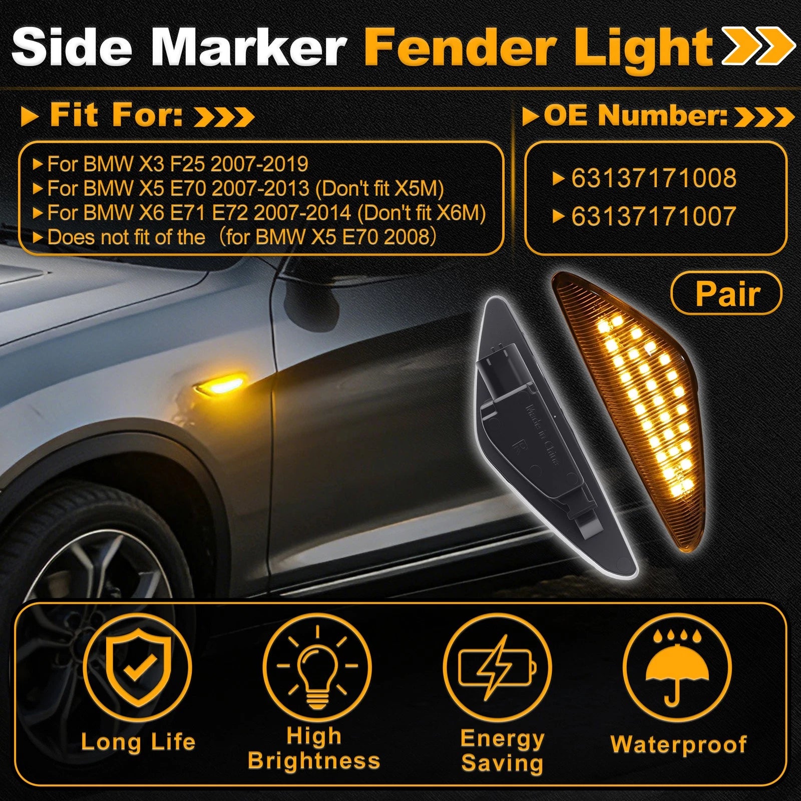 Fender Side Marker Light Front Left for BMW X3 F25 (2011–2018) Clear Lens
