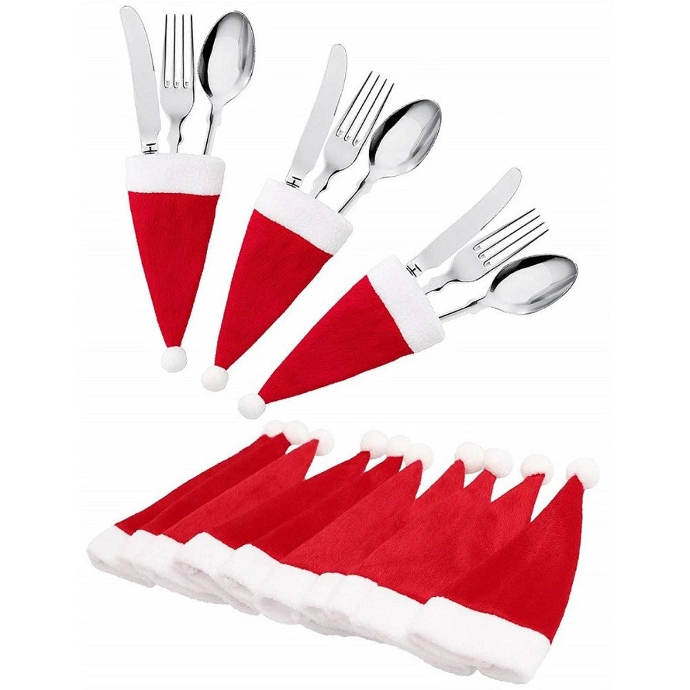 10Pcs Christmas Decorations Small Santa Hat Knife And Fork Set Cap Red & White