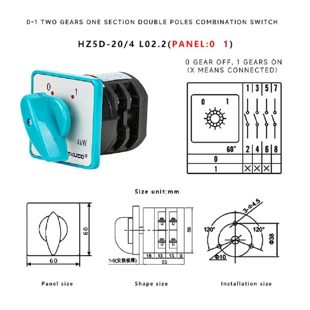 2P 20A AC3 Rotary Changeover Switch HZ5D-20/4 for Various Applications