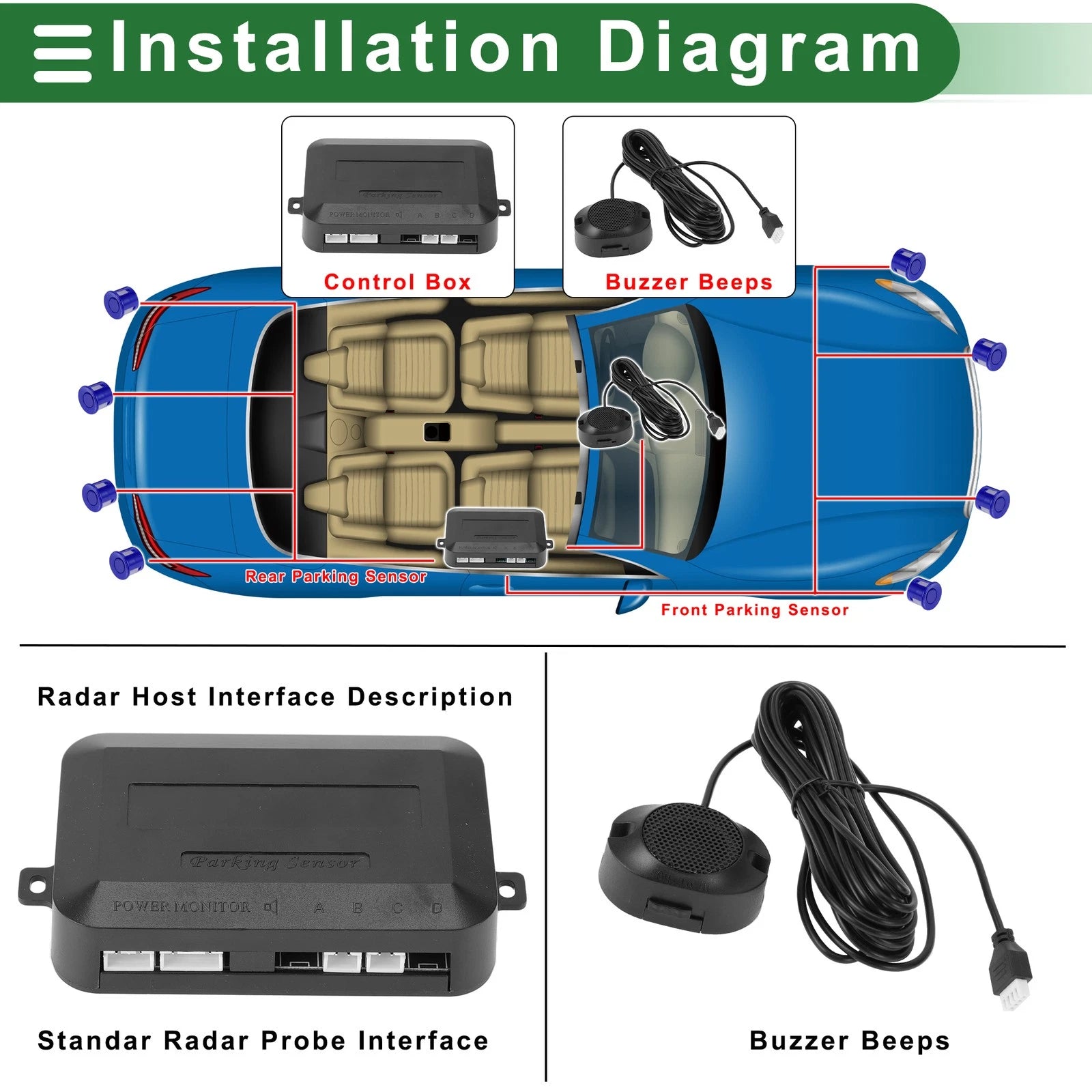 2X Reverse Parking Sensors for Car Reverse Backup Radar System