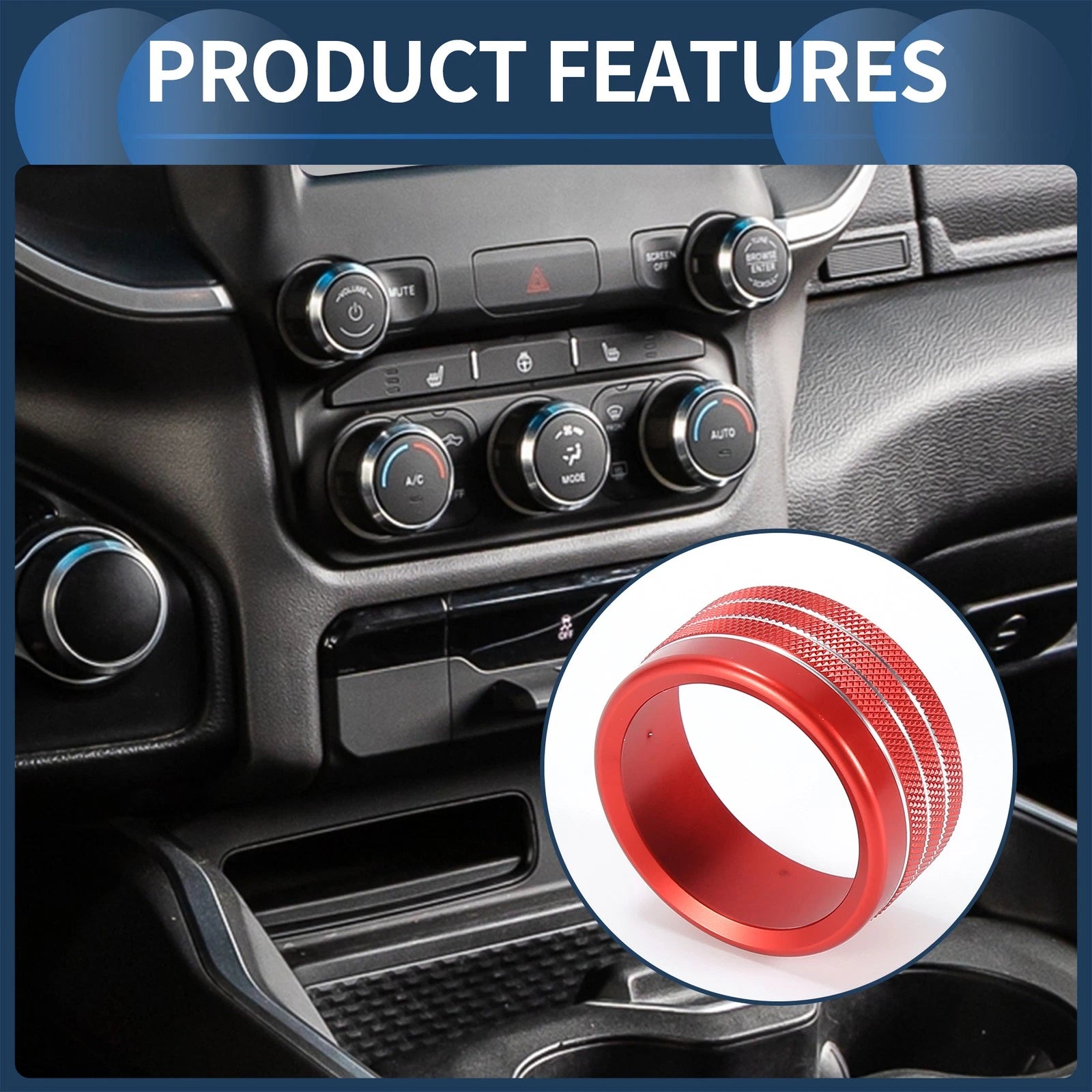 AC Media Volume Switch Knob Cover Ring for Dodge Ram (2018–2022) Red 5 Pack