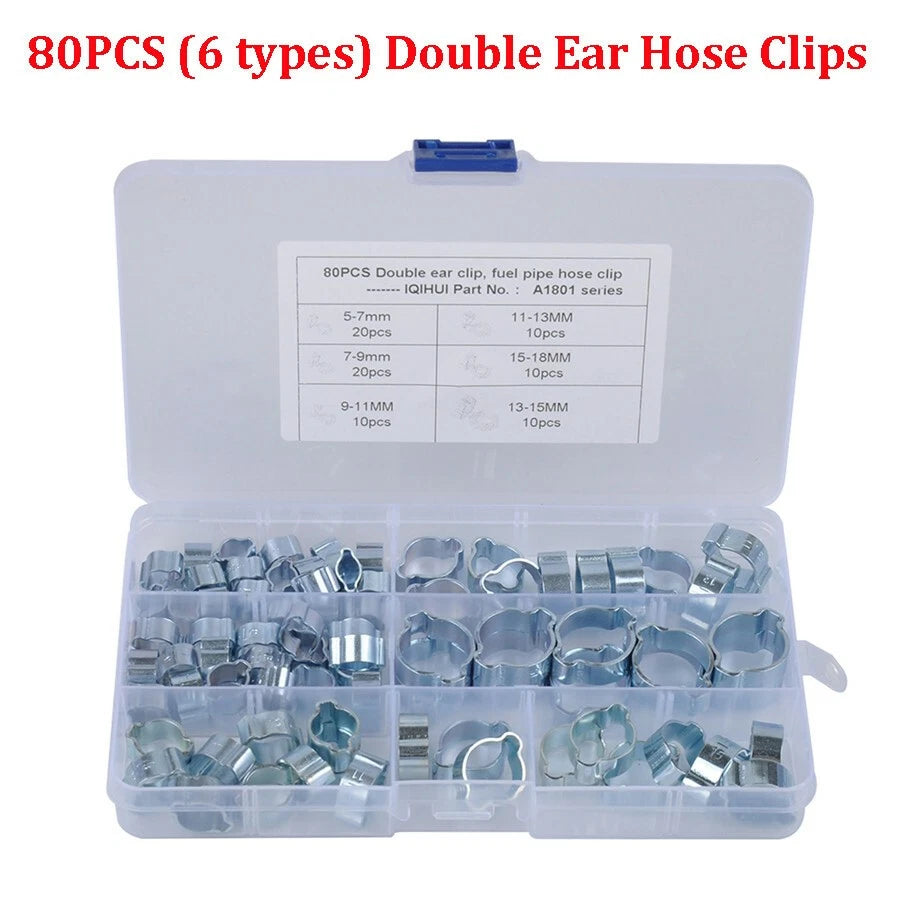 80Pcs Double Ear Hose Clips 5-18MM Zinc Plated with Clamp Pliers
