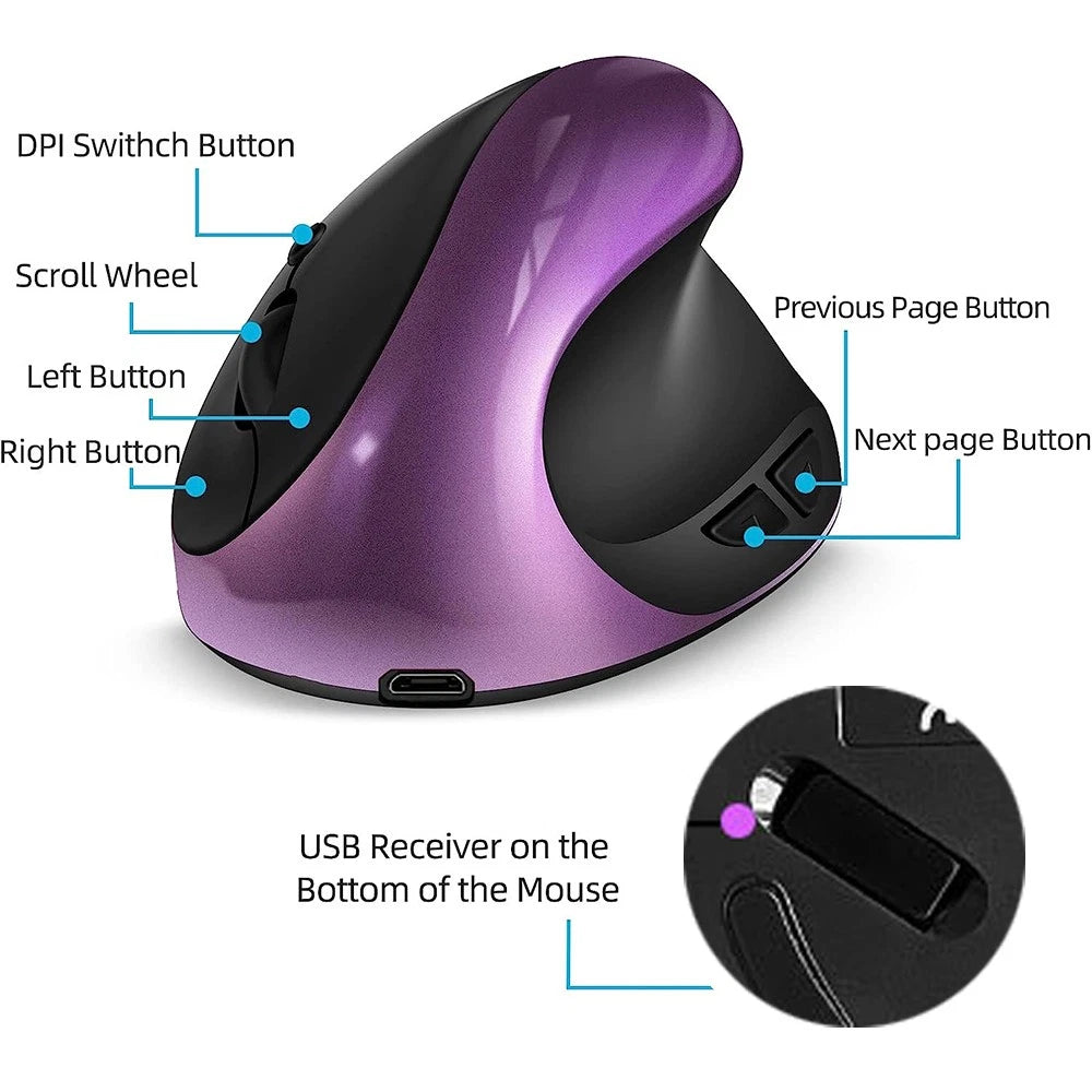 USB-Charging Wireless Ergonomic Mouse w/ 6 Button & 800/1200/1600 DPI Adjustable