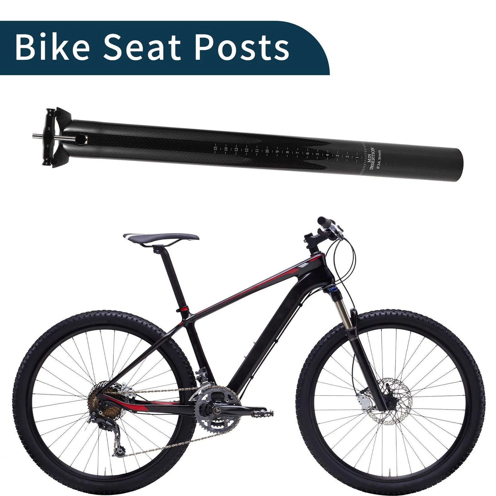 Seatpost 34.9x400mm Replacement for Bike Saddle Post Gloss Black Carbon Fiber