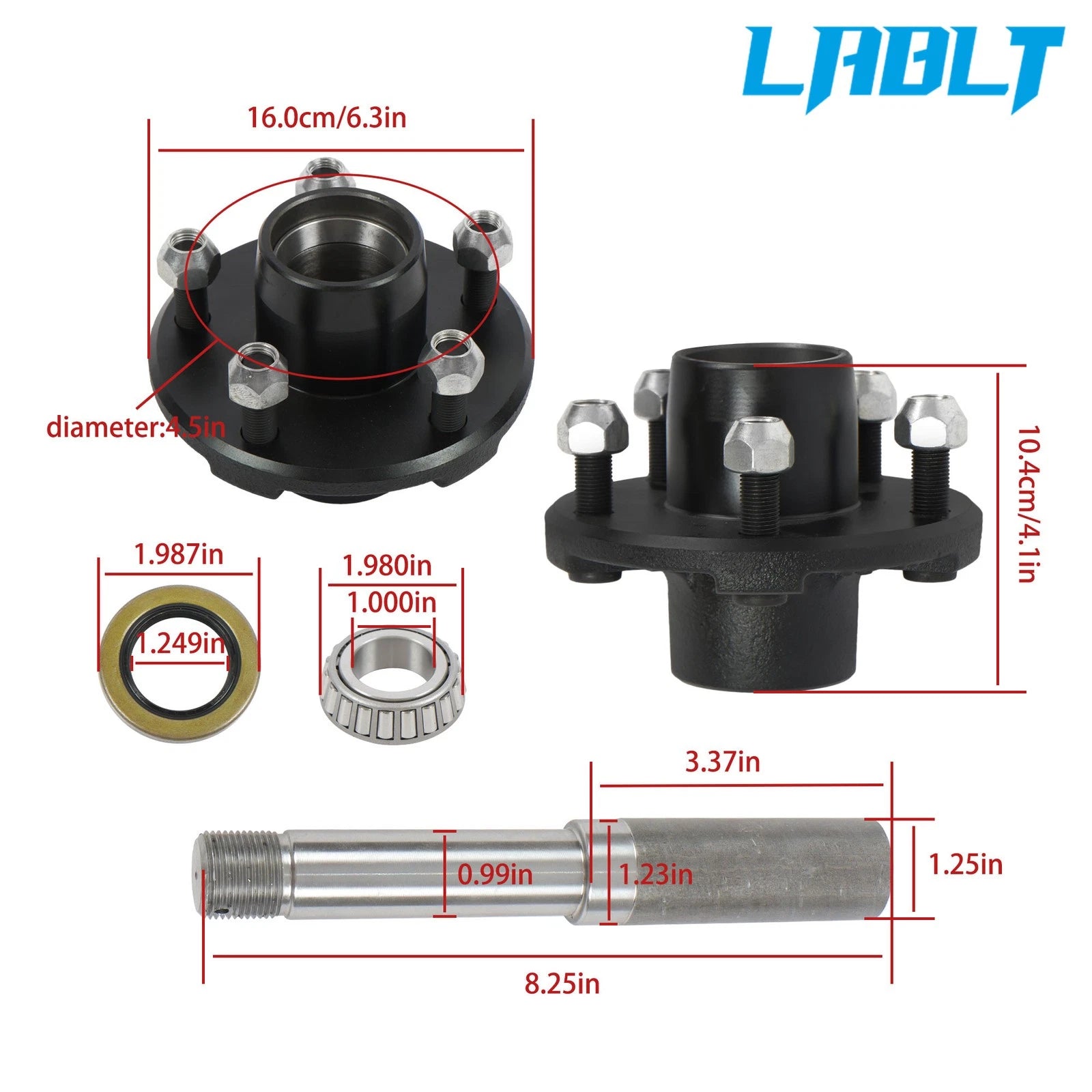 Trailer Hub Axle Kit 5 on 4.5" & 1" Round BT8 Spindle for 2000lbs (2000–2000)