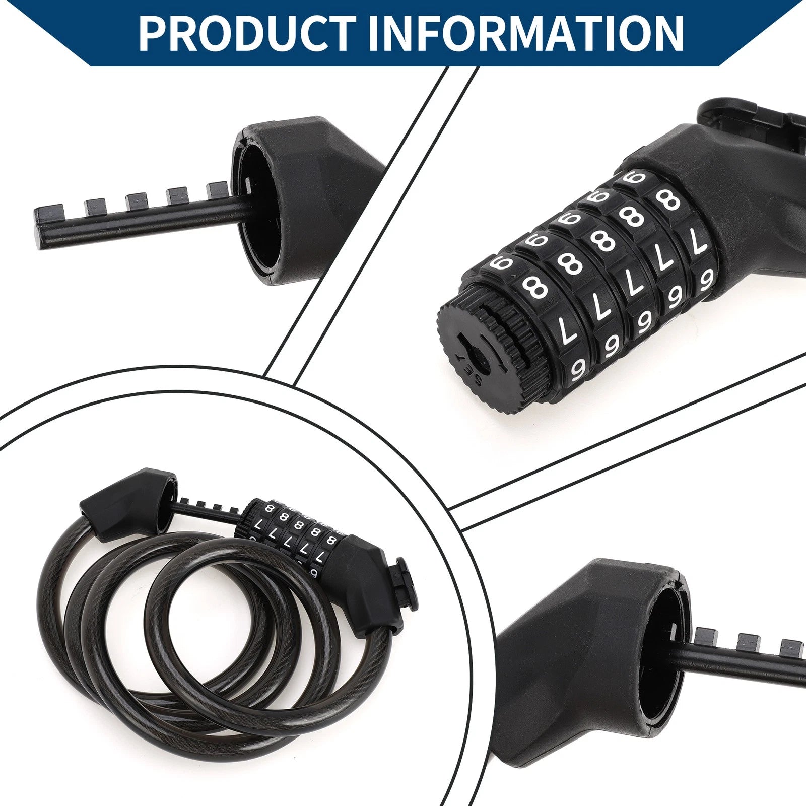 Adjustable Bike Chain Lock 5 Digit Reset for Bicycle Storage (Black)