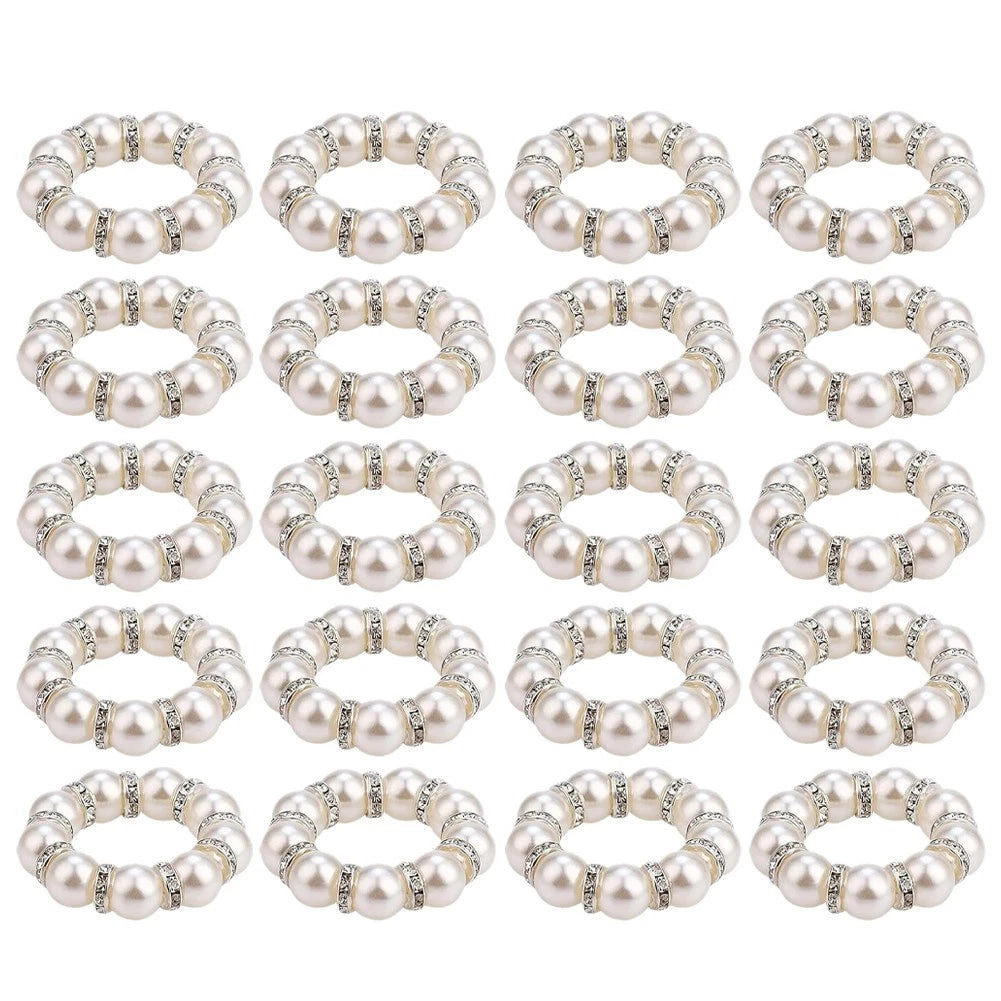 Set of 20 White Beaded Napkin Rings with Secure Elastic Cord