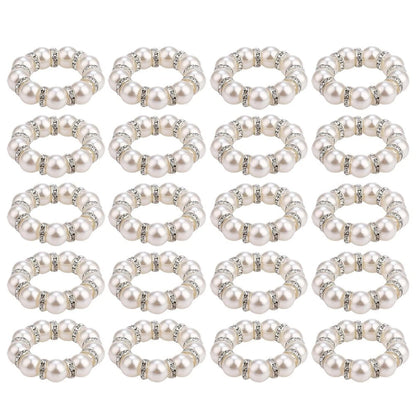 Set of 20 White Beaded Napkin Rings with Secure Elastic Cord