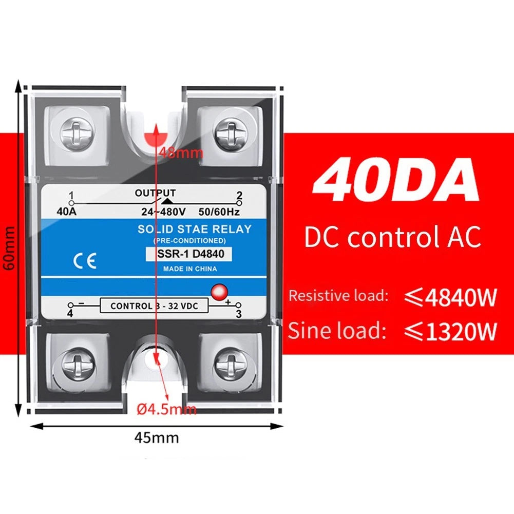 Solid State Relay 40A SSR-40A for DC Input AC Output (Isolated)