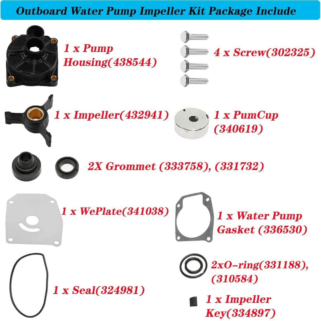 Water Pump Impeller Kit for Johnson Evinrude 40/45/48/50 HP (1990–2023) 433548 433549 438592