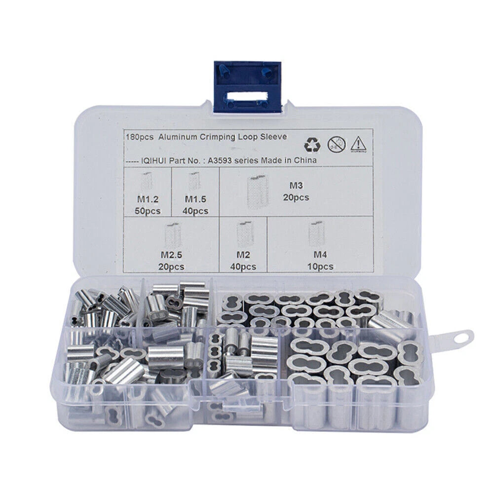 180 Pcs Ferrule Crimping Loop Sleeve for Wire Rope Cable Line (Assorted)