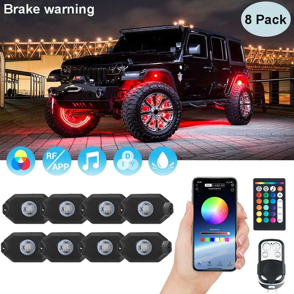 8x RGB LED Rock Lights for Offroad Vehicles - Wireless Bluetooth Controller