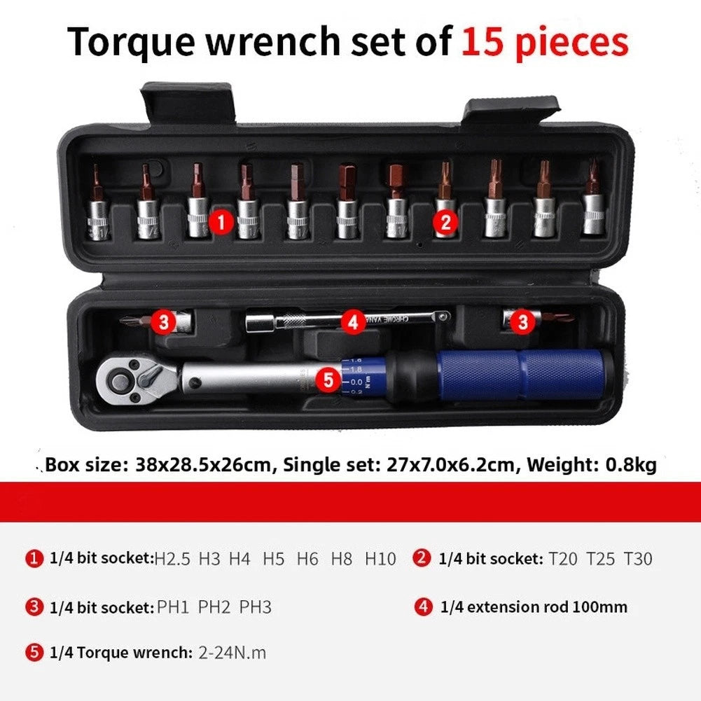 15 Pc Torque Wrench Set for Cycling Components 1/4 Drive Chrome Vanadium
