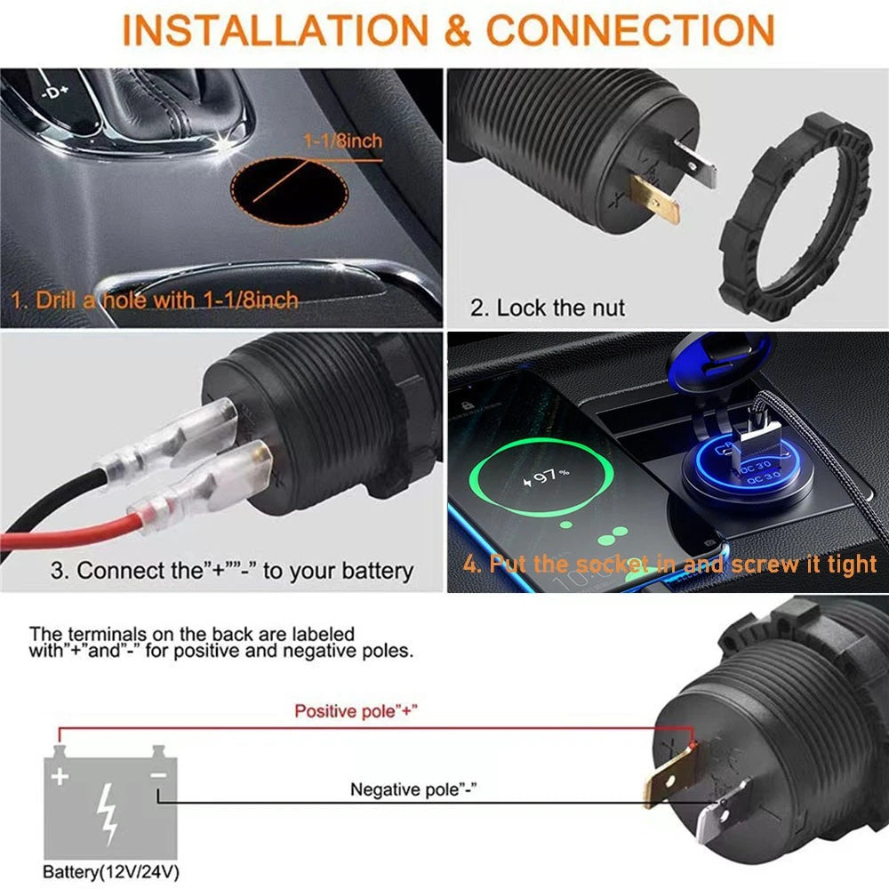 Dual USB Type-C QC3.0 Fast Charging Car Charger Adapter