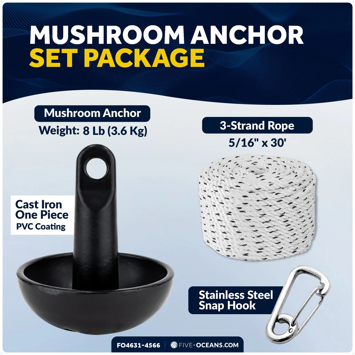 8 Lb Mushroom Boat Anchor Kit with 5/16"x30' Rope & Snap Hook