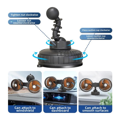 Dual Head Suction Cup Car Fan for 12V 24V Power Sources