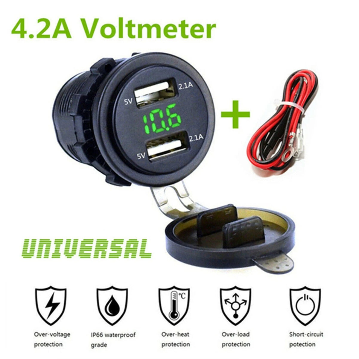 Dual USB Charger Socket Power Outlet for Automotive (4.2A, Voltmeter, 10A Fuse)