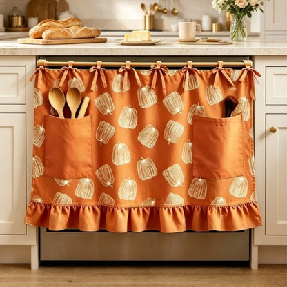 Ruffle-Trimmed Oven Curtain with Pockets and Ribbon Ties