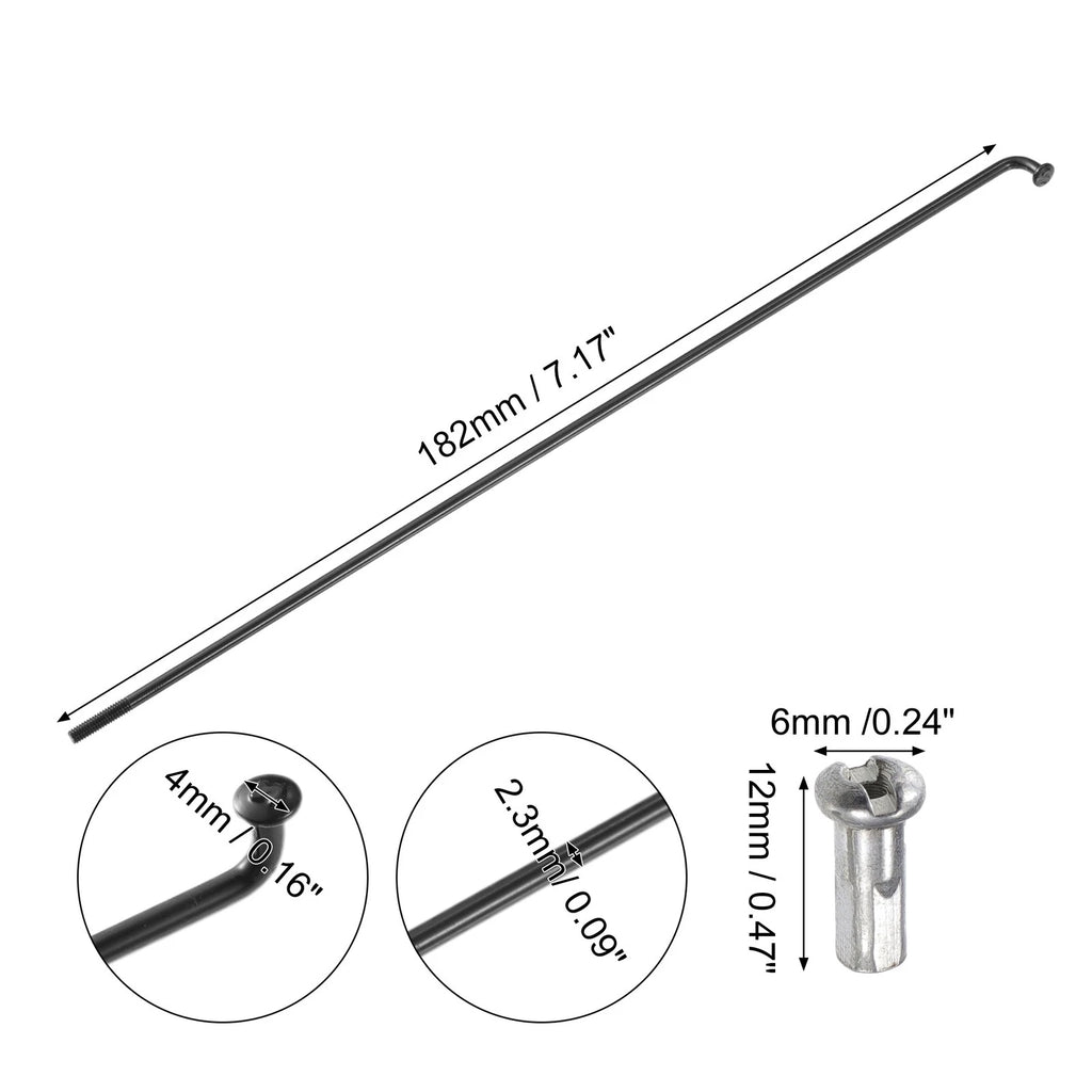 Steel Bicycle Spokes 13G 182mm with Nipples for Most Bikes (40 Pack)