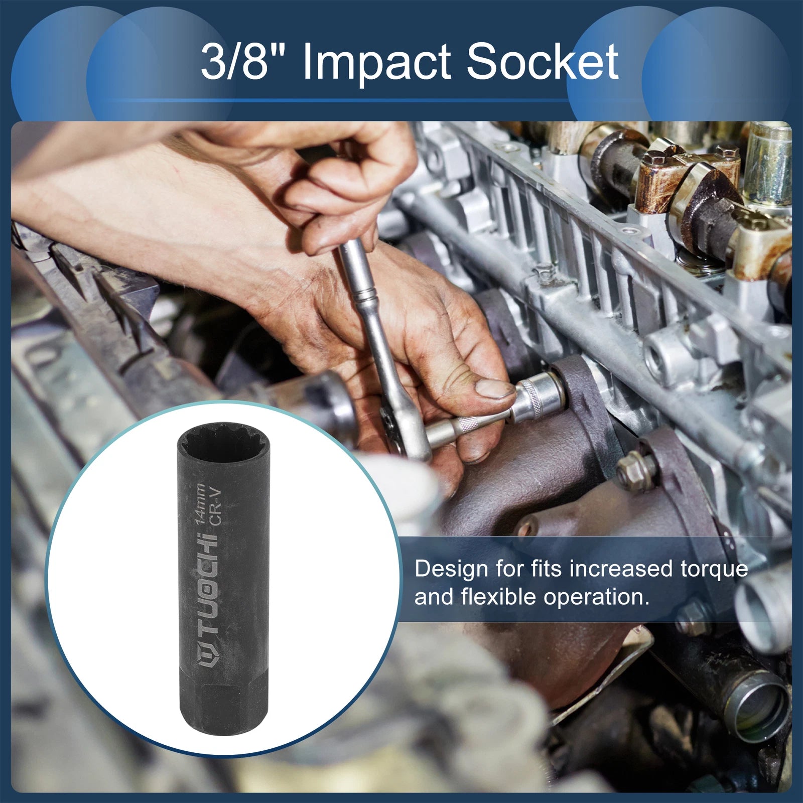3/8 Inch Drive Spark Plug Impact Socket 14mm 12 Point CR-V Black