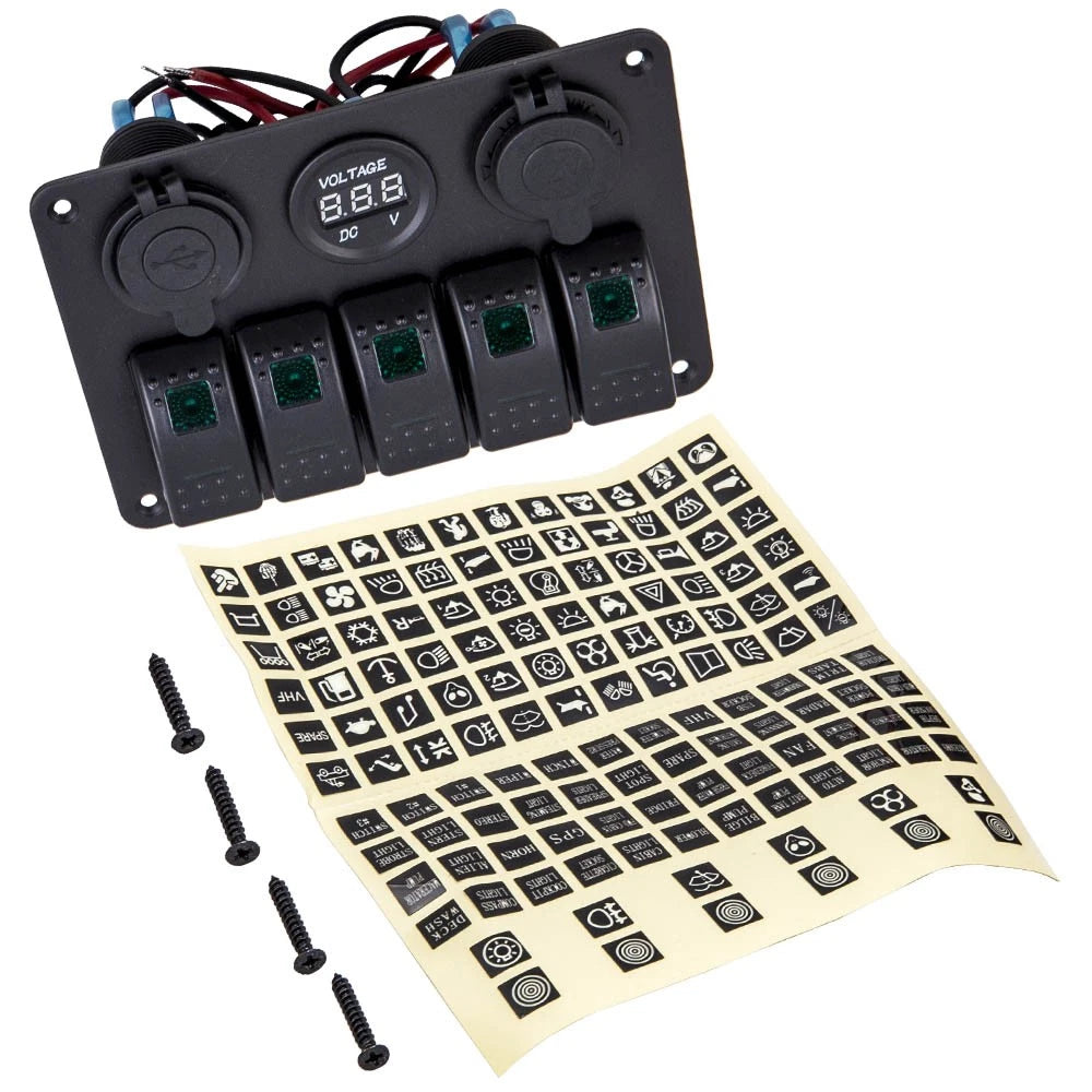 5 Gang LED Toggle Switch Panel with 2 USB Charger for Car Boat Marine
