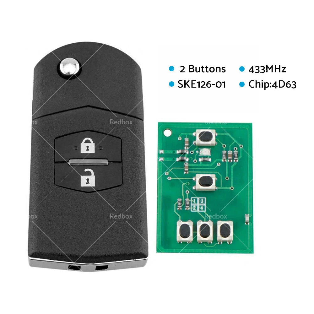 2 Button Remote Key 4D63 433MHz for Mazda 2 3 CX-7 CX-9 (2003–2020) SKE126-01