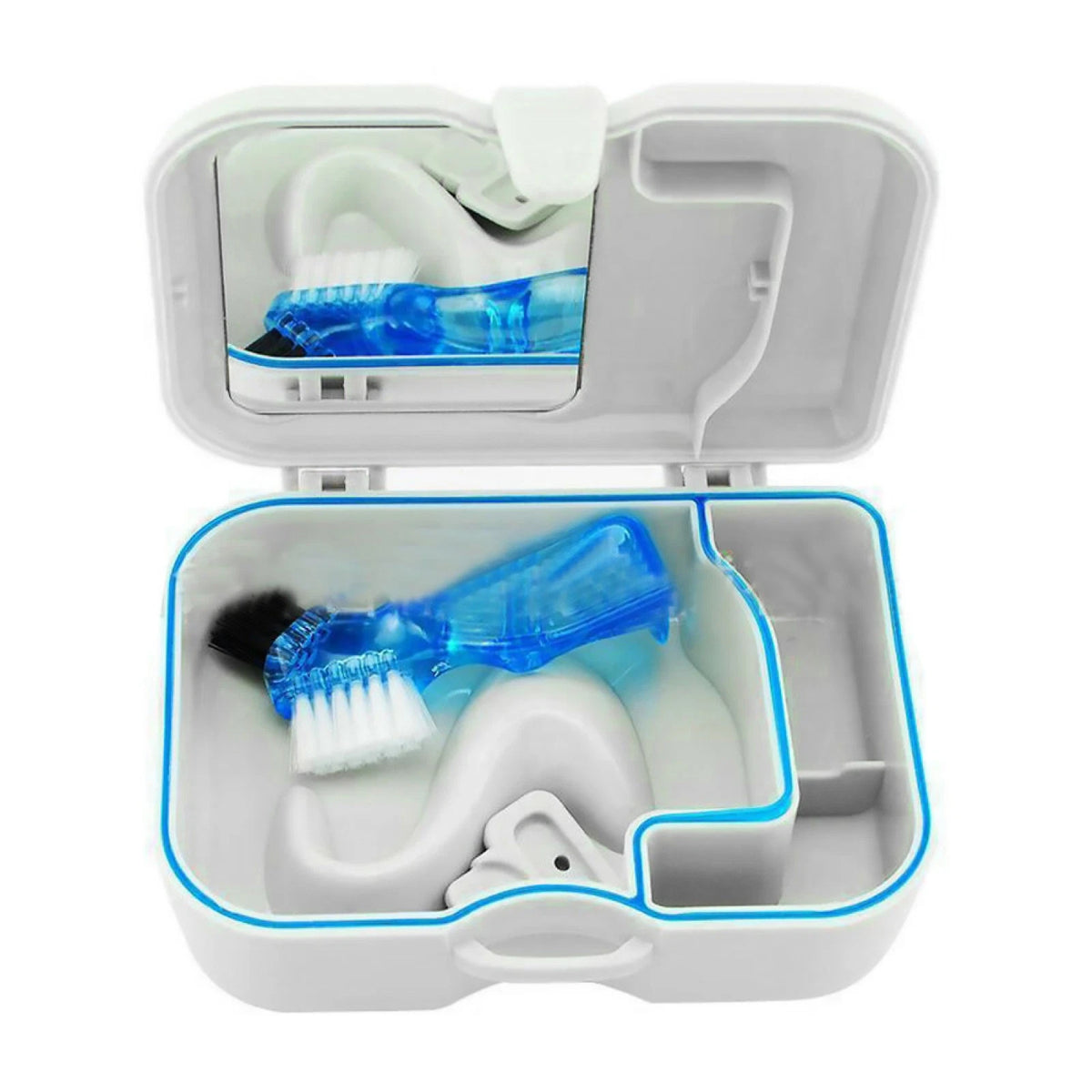 Denture Storage Case with Mirror & Cleaning Brush for False Teeth